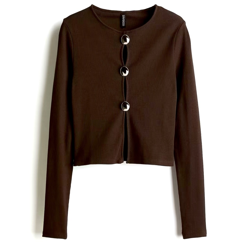 Ribbed Button Detail Open Front Top